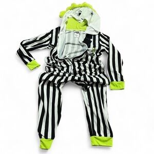 BeetleJuice Kids Small Striped Costume Hood Hair Halloween Zip Front One Piece